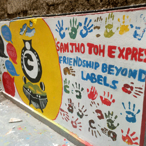 Wall painting activity by Youth and students at Grace Model School during “Samjho Toh Campaign: Friendship beyond Labels” led by Commutiny the Youth Collective, New Delhi