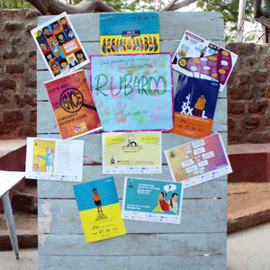 Posters to raise awareness on Gender Based Violence is set up during a Public event at LaMakaan, Hyderabad, Telangana